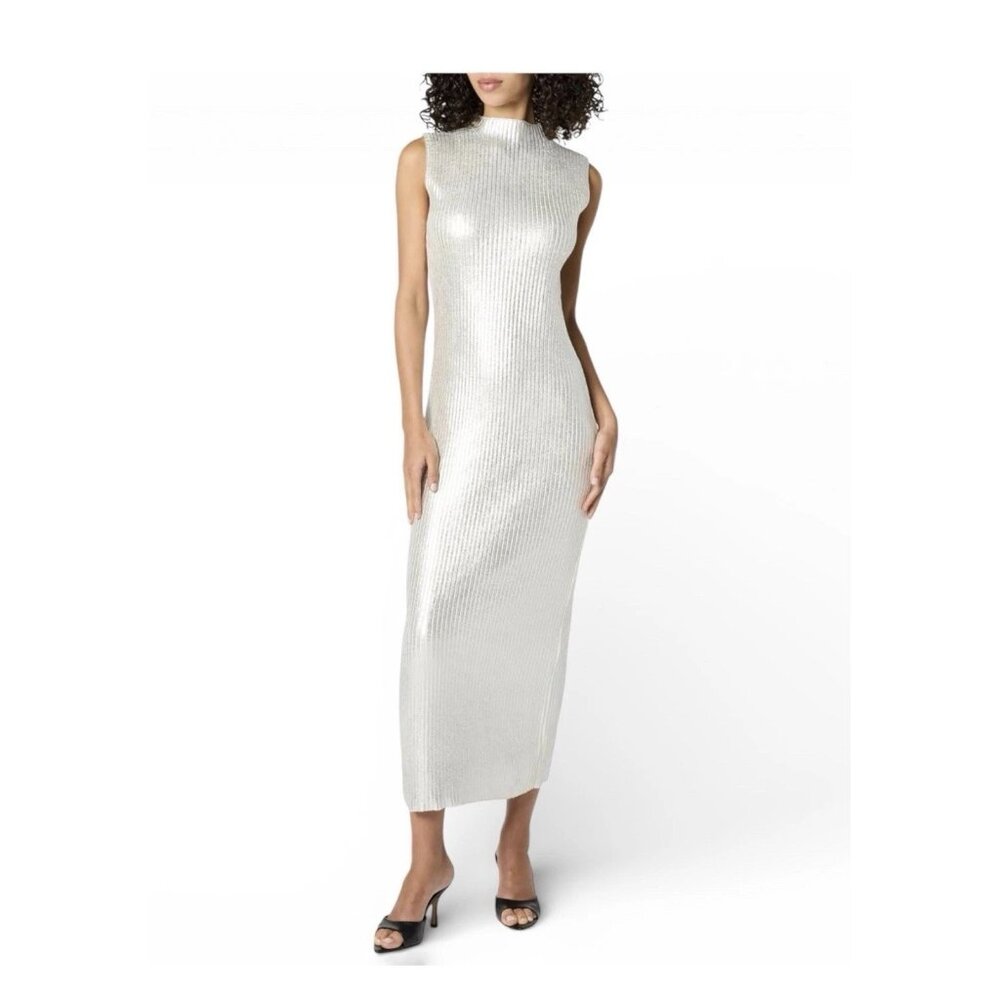 The Drop Jodi HSF Metallic Ribbed Mock Neck Sleeveless Maxi Dress Silver 2XL C1